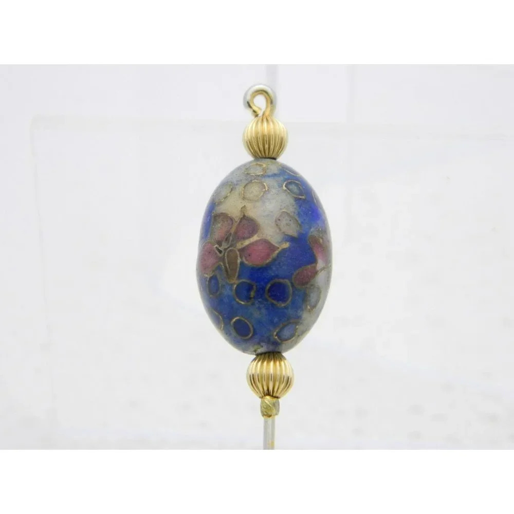 VTG Gold Tone Oval Blue Floral Cloisonne Enamel Stick Pin